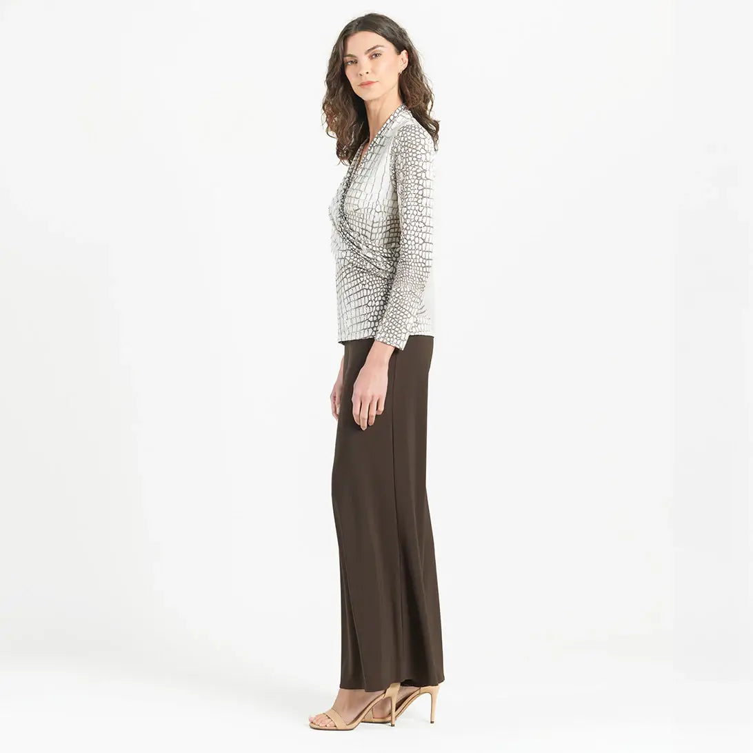 Clara Sunwoo - Shimmer Textile, V-Neck Draped Pleat Top, Croc Scale: Ivory/Mocha