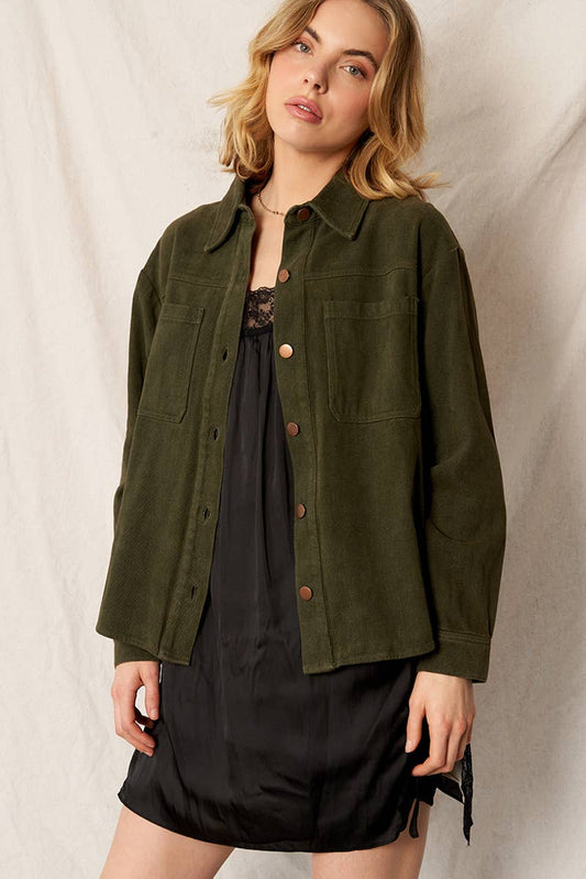 En Crème - Long Sleeve Denim Shirt Jacket: Olive