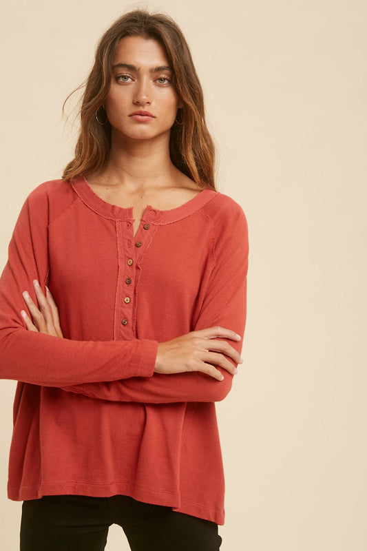 In Loom - FRAYED EDGE LONG SLEEVE HENLEY TOP: BURNT GINGER
