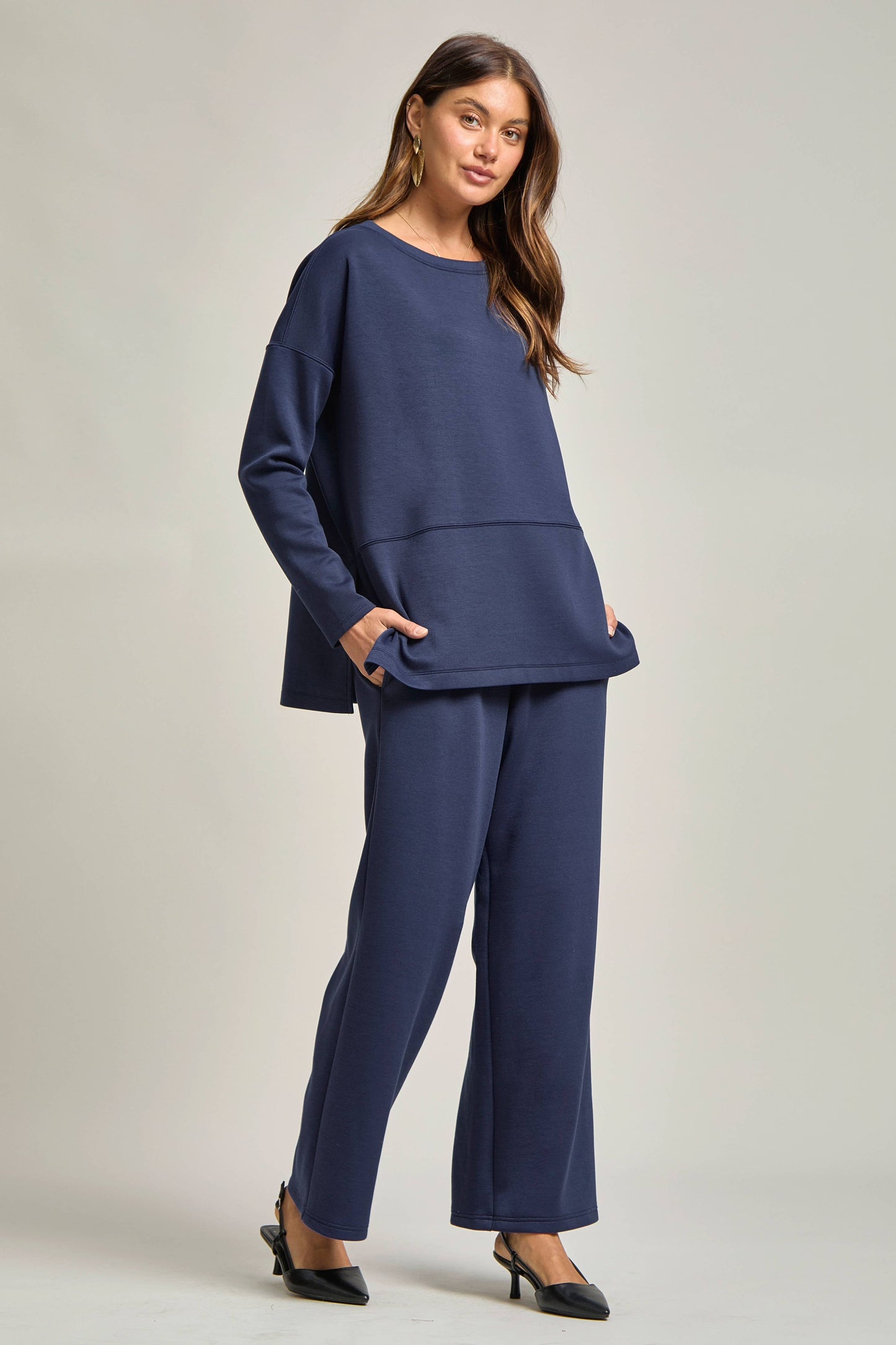 Dear Scarlett - Tunic Top + Straight Pants Travel Modal Set: Navy
