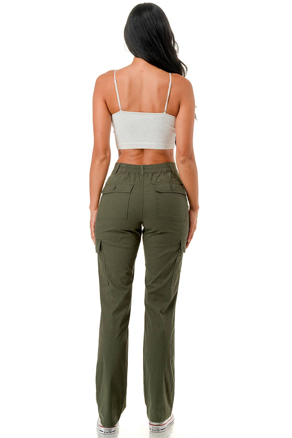 Color 5 - Color woven straight leg adjustable waist band cargo pants: Olive