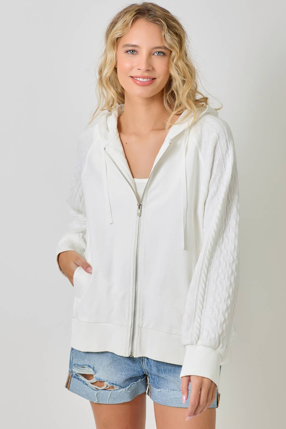 Mixed Media Hoodie Zip-Up Jacket: Washed White
