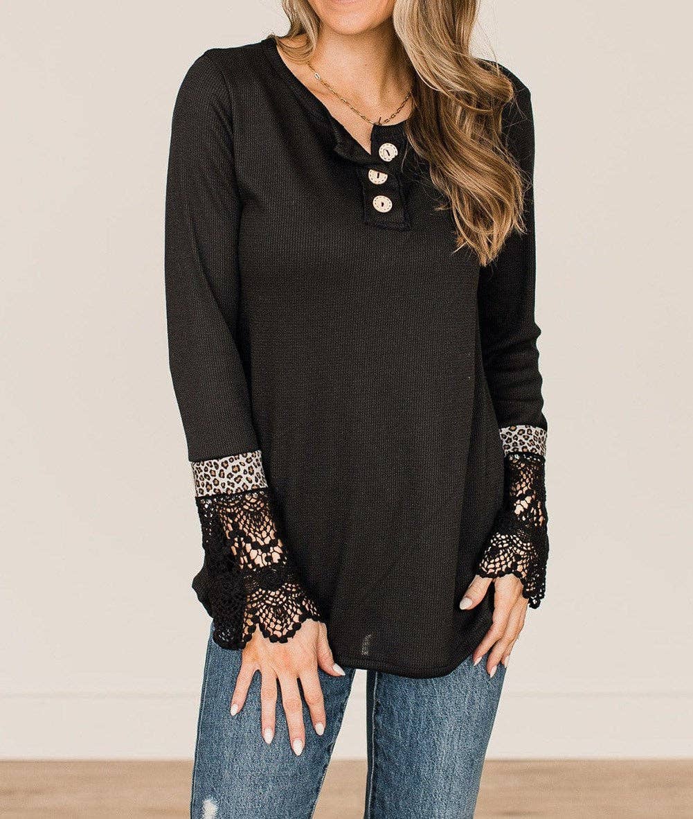 Secret Style Source - Delicate Lace Leopard Sleeve Top: M