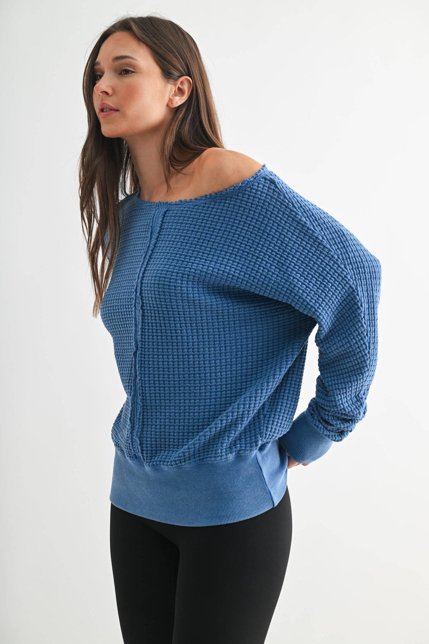 Mono B - Chunky Waffle Boat Neck Sweater: BLUE 25