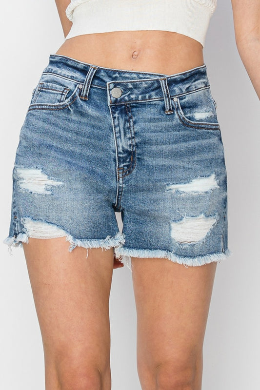 ONLINE ONLY! RISEN Stepped Waist Frayed Denim Shorts