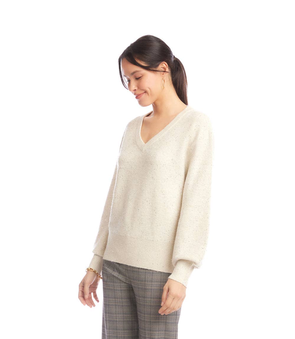 Karen Kane - Sequin V-Neck Sweater: Sand