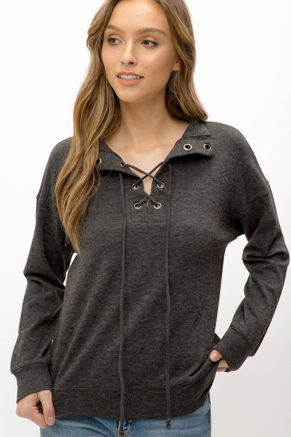 Mystree - Lace Up Top / Charcoal