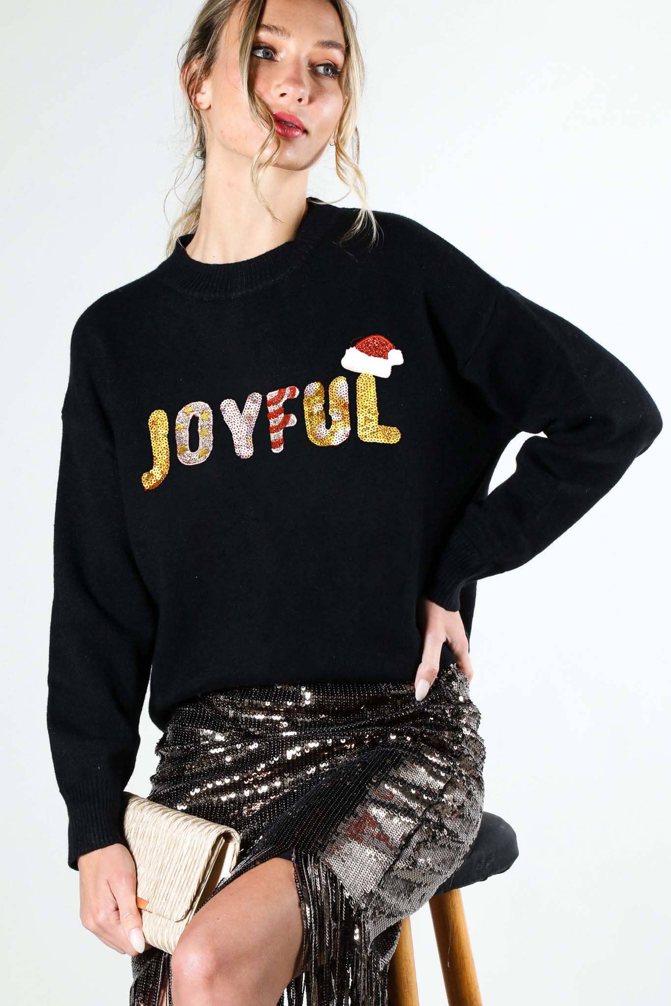 Vine & Love - Joyful Colorful Letter Sequin Crew Neck Knit Sweater in BLACK