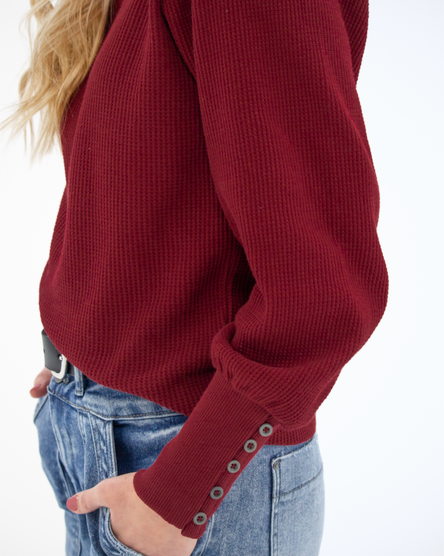 Downeast - Best Days Bishop Long Sleeve Waffle Knit Pullover Top: Biking Red