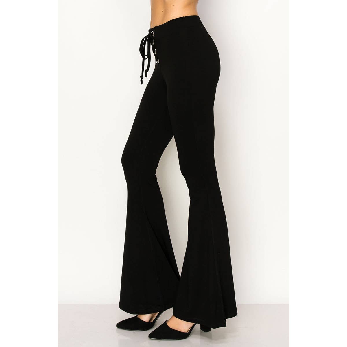 VOCAL - EYELET LACE UP DETAIL WAIST FLARE HEM PANTS : BLACK