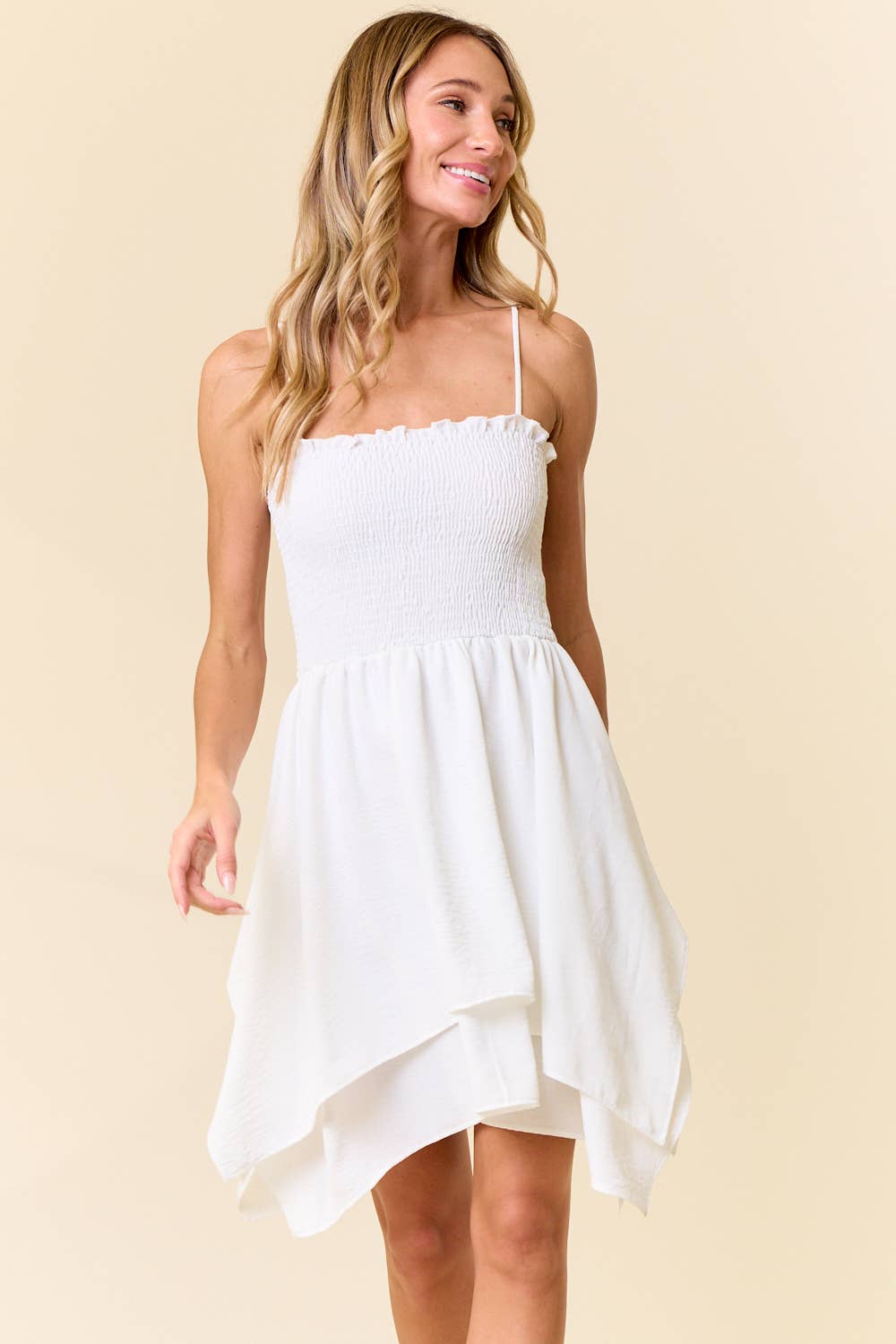 S&H WHITE ADJUSTABLE STRAPS SOLID SMOCKED RUFFLE DRESS