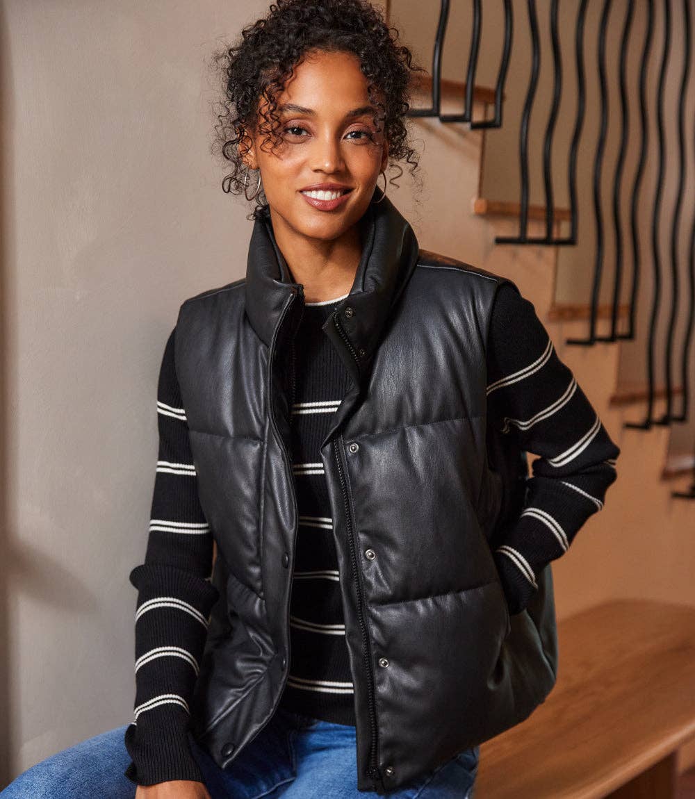 Karen Kane - Faux Leather Quilted Puffer Vest: Black