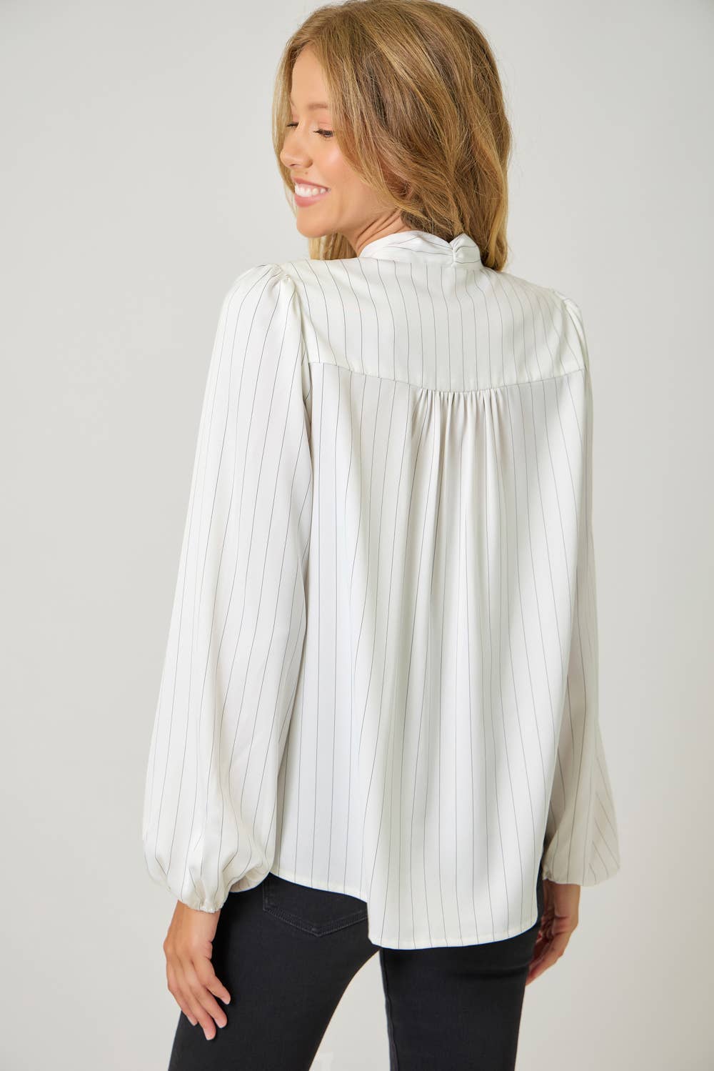 Ribbon Tie Stripe Shirt in Ivory