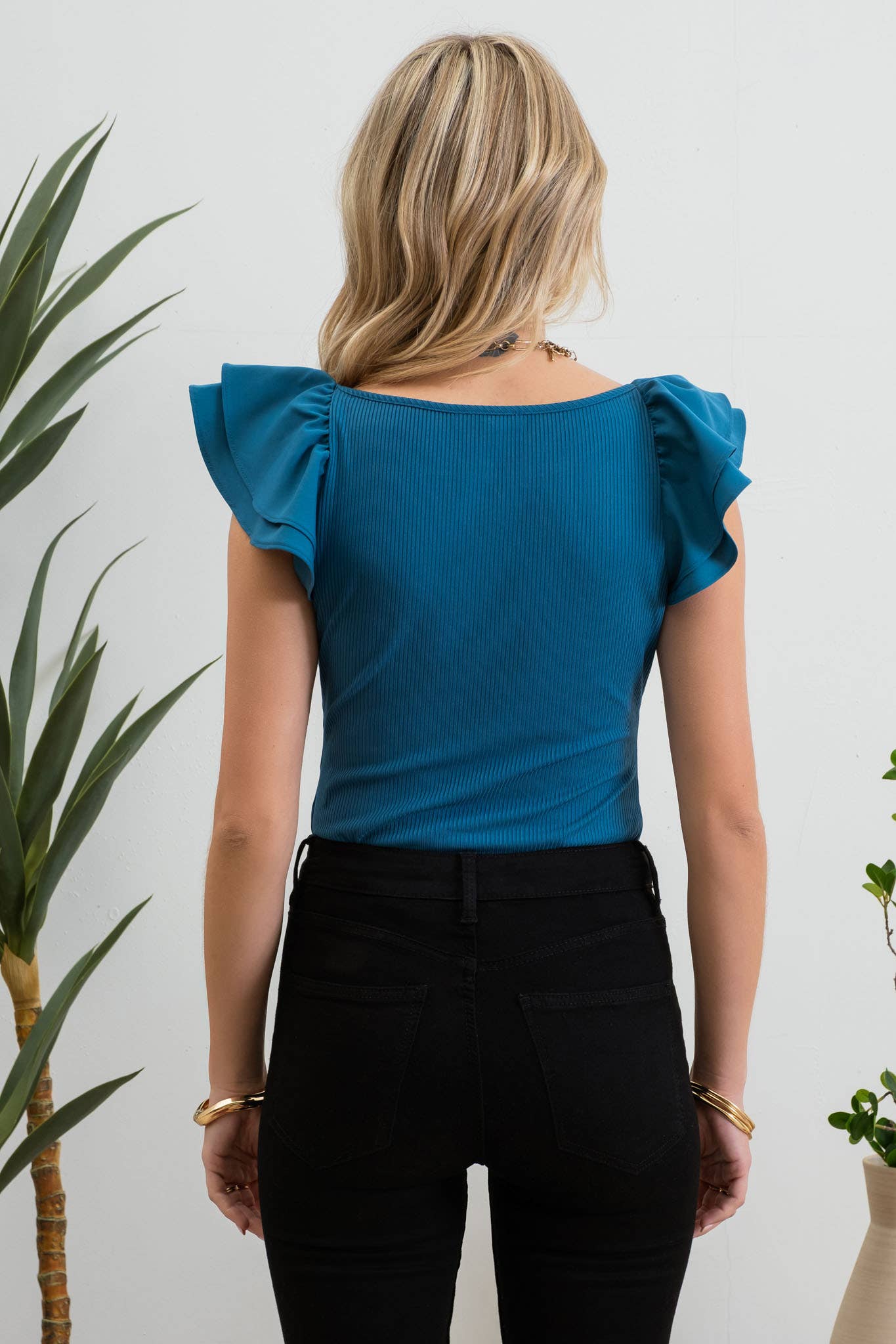 MINE - DOUBLE RUFFLE SLEEVE RIBBED KNIT TOP: TEAL