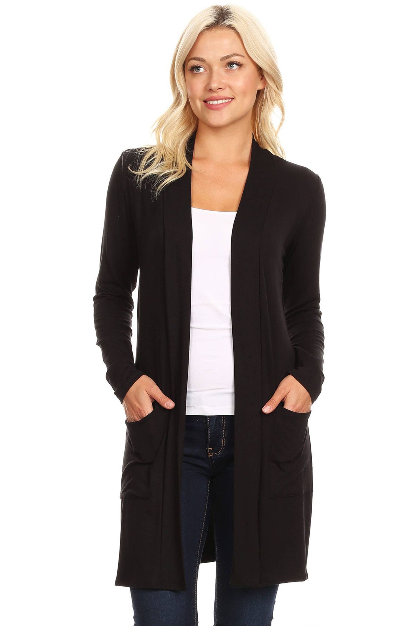 Women's Long Sleeves Side Pockets Solid Cardigan Black