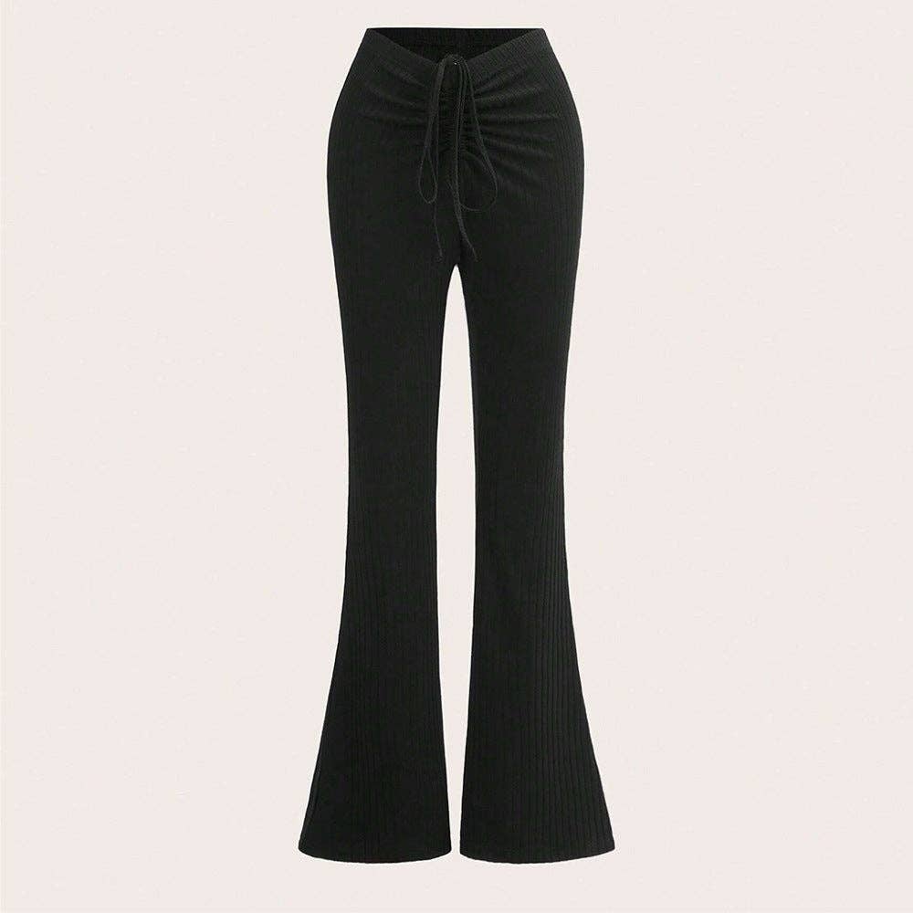 Drawstring Ruched Bell Bottom Fitted Pants Black