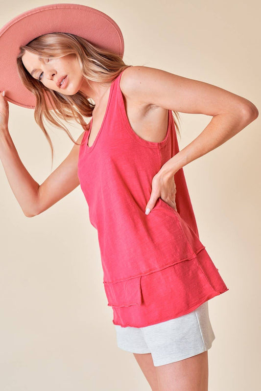 Scoop Neck Enzyme Washed Tank in Fuchsia by Doe and Rae