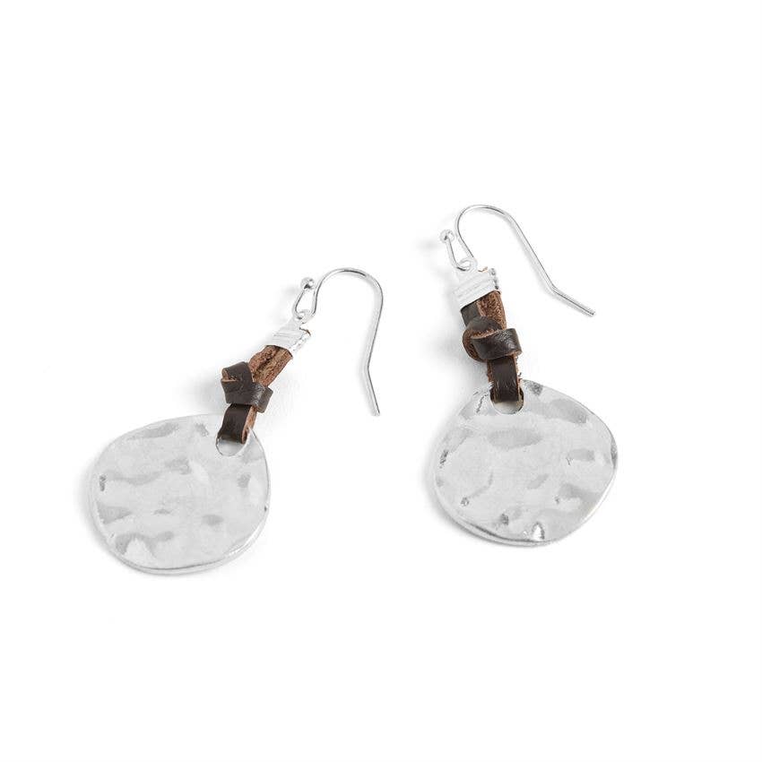 Leather Knot Hammered Disc Earrings: Silver