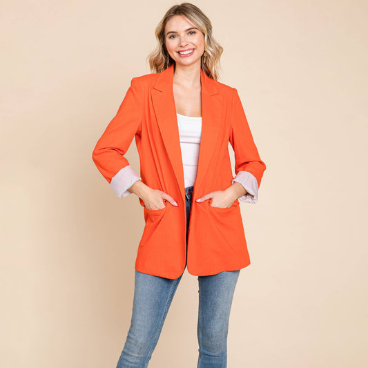 RP Lapel Neck Solid Pocket Long Sleeve Linen Blazer: Orange