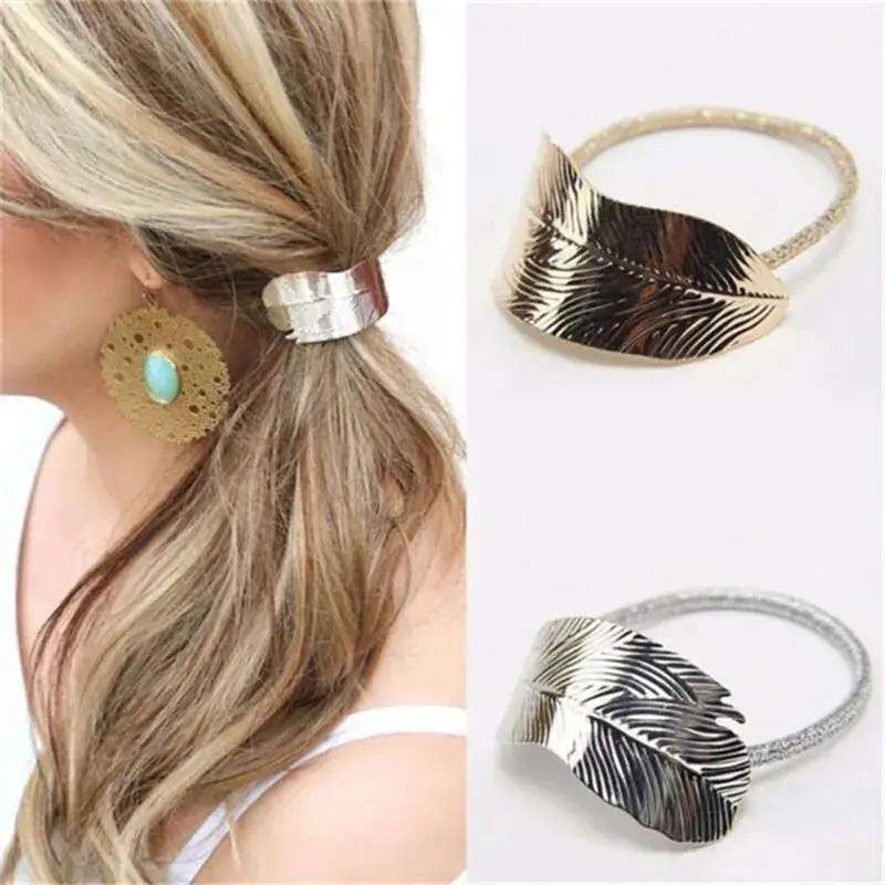 Feather Metal Ponytail Hair Tie Holder Gold