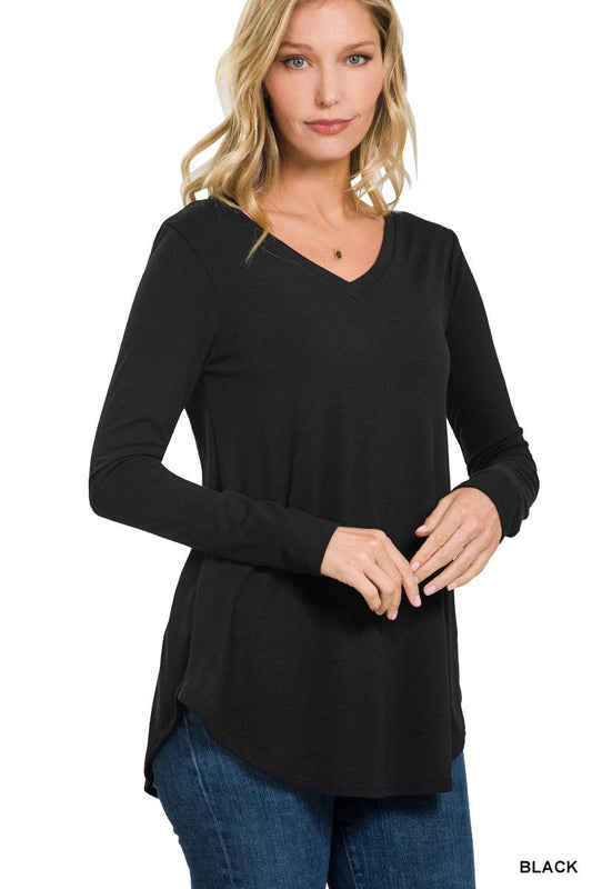 Long Sleeve V-neck Round Hem Top BLACK