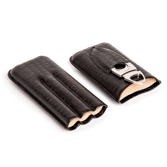 Black Croc Triple Cigar Holder (Genuine Leather): Black/croc