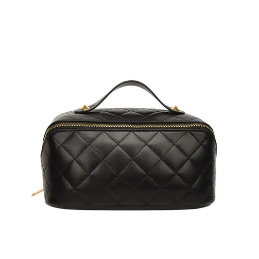 Large Makeup Bag Quilted Pattern PU Leather: Black