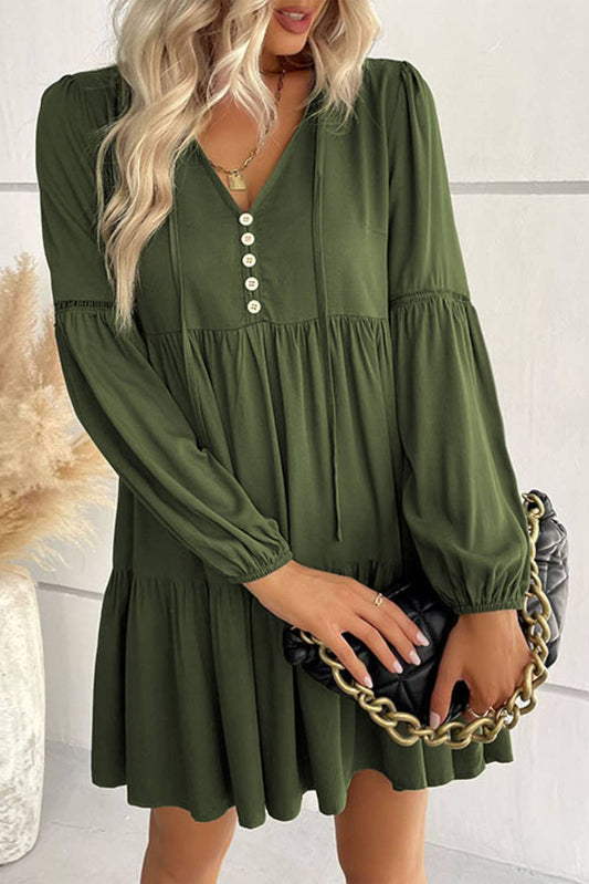 Tiered Puff Sleeve Women's Babydoll Dress: Green