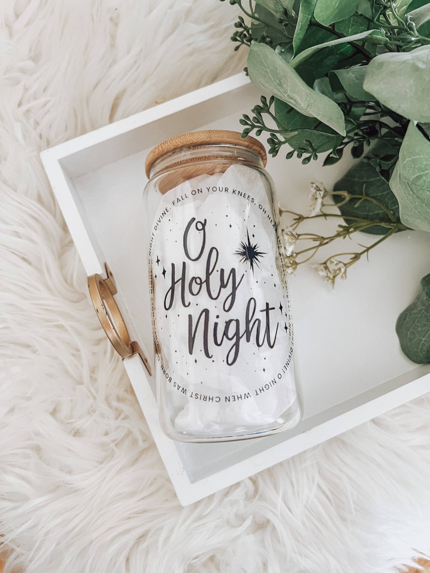 Emma K Designs - Oh Holy Night 16 oz Glass Cup with Bamboo Lid