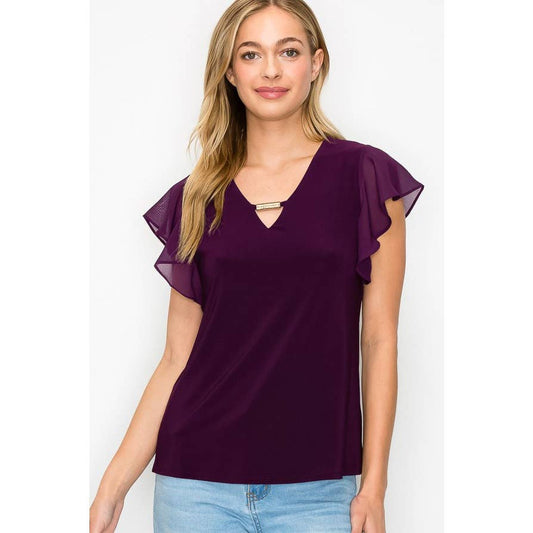 Perseption - Bar Keyhole V Neck Flutter Ruffle Sleeve Blouse: Plum