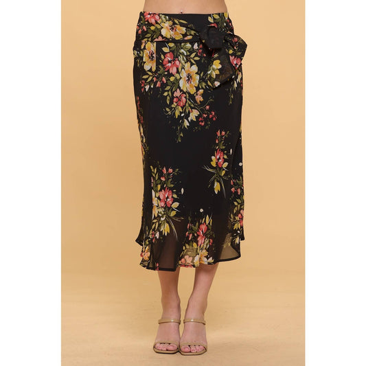 PS - Self Tie A Line Chiffon Midi Skirt in Black Floral
